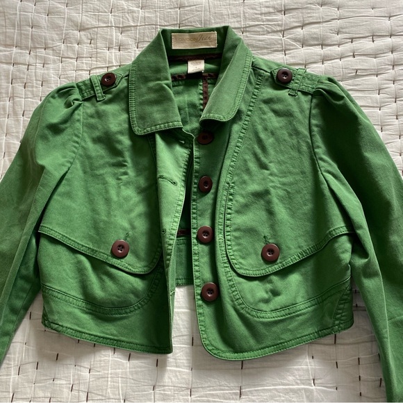 London Jean Chino Stretch Green Cropped Jean Jacket Size S - Picture 7 of 9